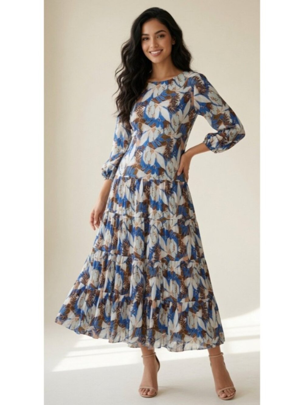 ZARA Floral Tiered Hem Stretch Oversized Boho Midi Dress